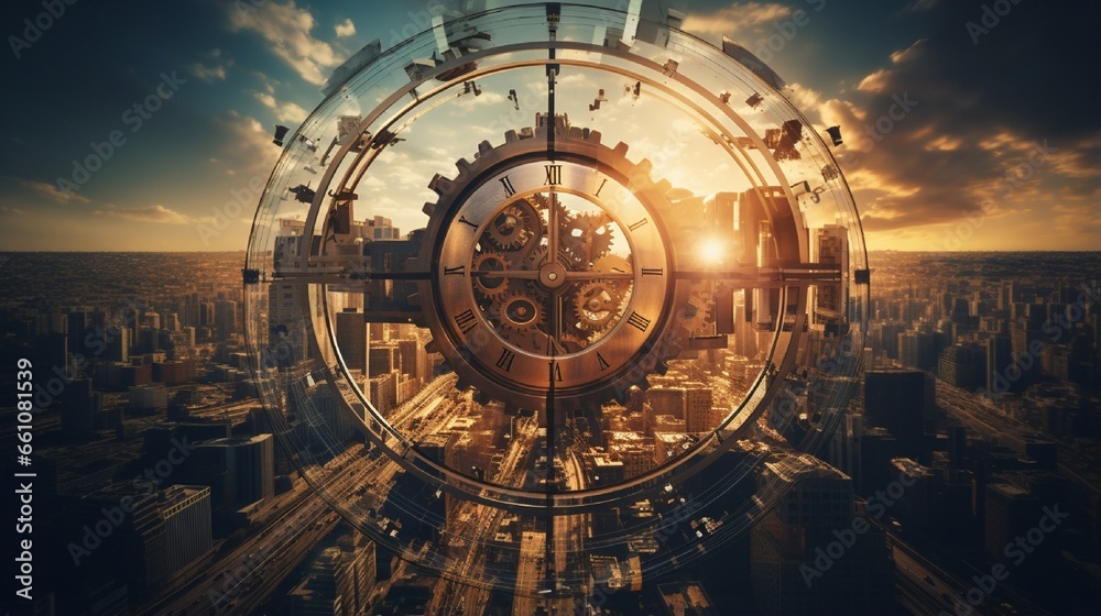 An intriguing double exposure image blending a city skyline with the intricate gears and cogs of a mechanical clock, symbolizing the harmony of urban life and precision