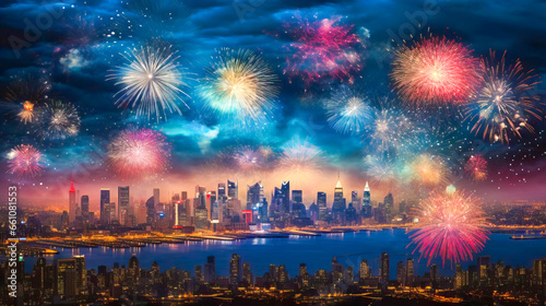 Sparkling Fireworks Illuminate the Night Cityscape for New Year