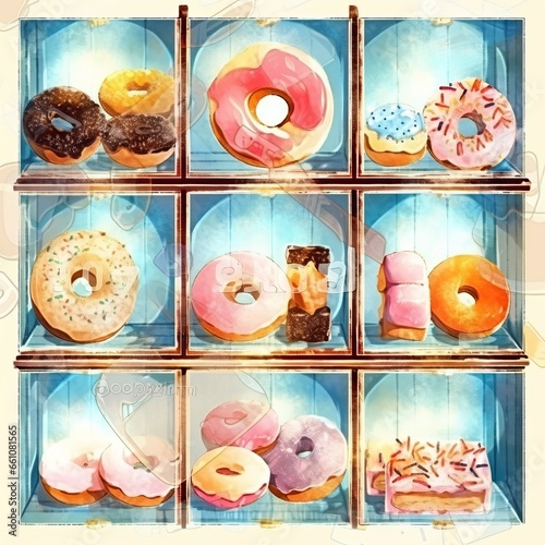 Sweet donuts covered with multi-colored glaze. Sweet high-calorie pastries on a store display. Assorted cakes in a store. Concept: pastry shops and donut bakeries.