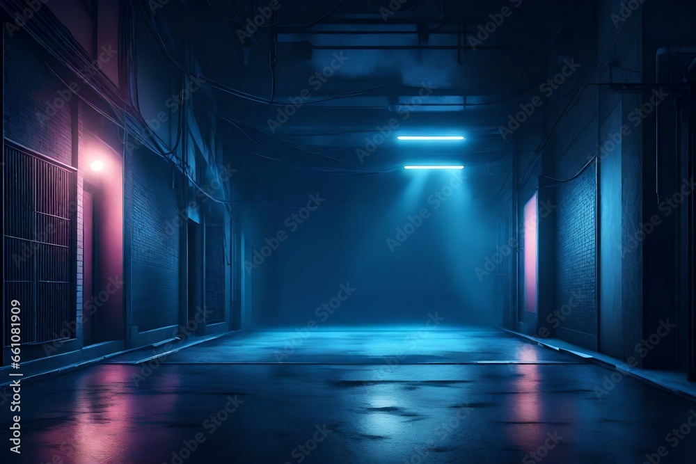 Fototapeta premium A dark empty street, dark blue background, an empty dark scene, neon light, spotlights The asphalt floor and studio room with smoke float up the interior texture.