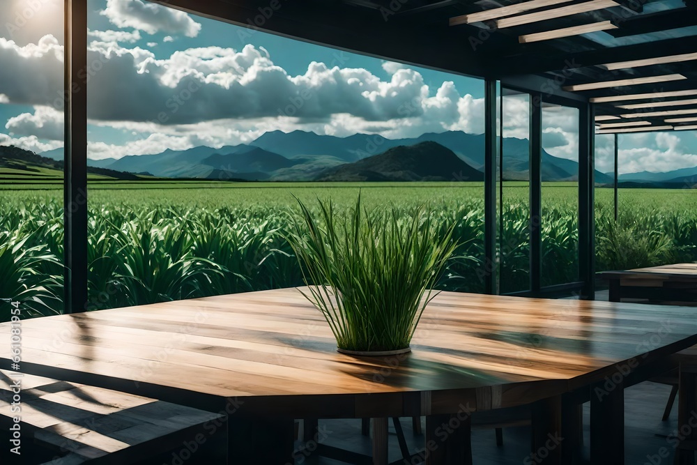 Paddy fields, a wooden table with a plant vase, a blank laptop screen, and a landscape. 
