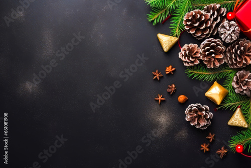 Joyous Christmas Display with Gifts and Festive Ornaments. Flat lay  top view  copy space