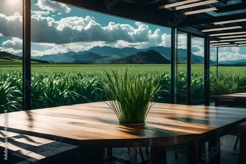 Paddy fields, a wooden table with a plant vase, a blank laptop screen, and a landscape.  © usman