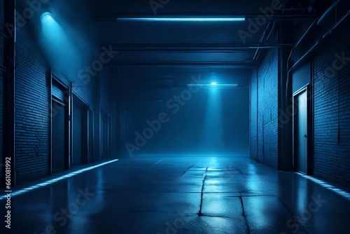 A dark empty street, dark blue background, an empty dark scene, neon light, spotlights The asphalt floor and studio room with smoke float up the interior texture. © usman