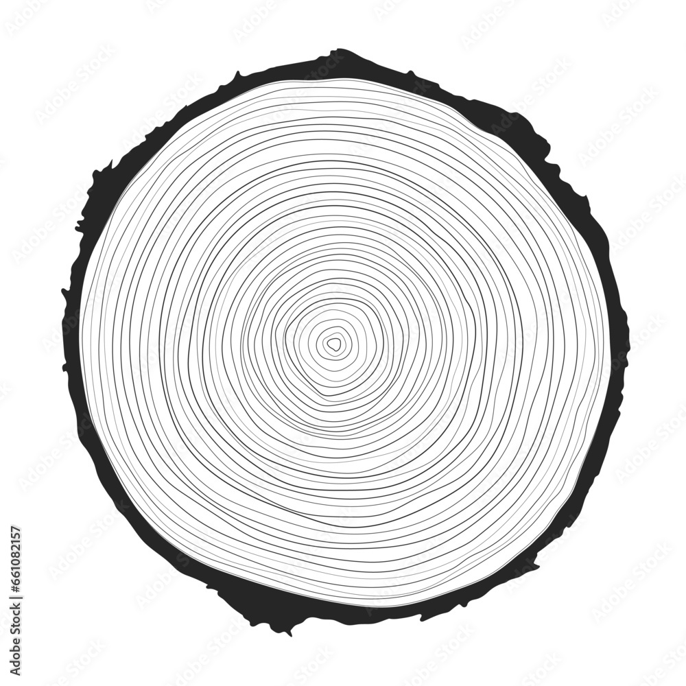 Vector illustration of a hand-drawn, wavy concentric tree ring pattern with an editable stroke, created from a sliced tree trunk with a ripple ring line pattern shape in organic wood - obrazy, fototapety, plakaty 
