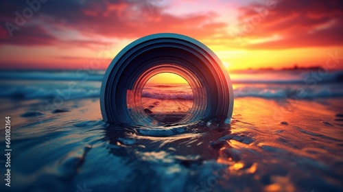 A close-up of a camera lens superimposed over a vibrant sunset, illustrating the concept of capturing the essence of nature through photography #661082164