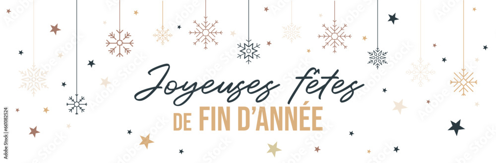 Joyeuses fêtes de fin d'année - Flocons de neige et vœux - Bannière vectorielle éditable pour les fêtes de Noël ou le jour de l'an - Vacances d'hiver - Fond blanc, typographie et flocons de neige 