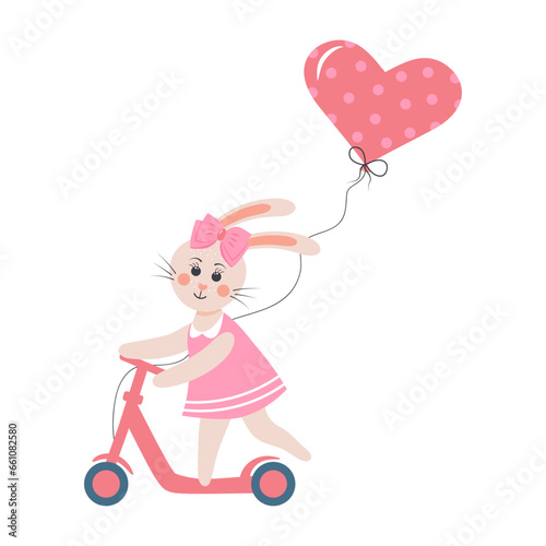 Cute rabbit rides a scooter. Bunny girl in a dress with heart balloon. Cartoon forest character
