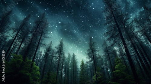 A dense forest with towering trees blending with a starry night sky, conveying the sense of wonder and awe that nature inspires