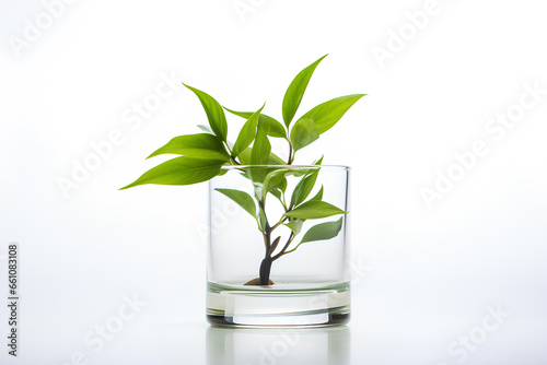 Green plant in a clear glass cup on a white background, Generative AI
