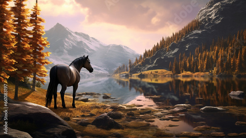 a powerful horse, with a coat resembling a tapestry of chestnut and ebony, stands proudly near the edge of a pristine, alpine lake