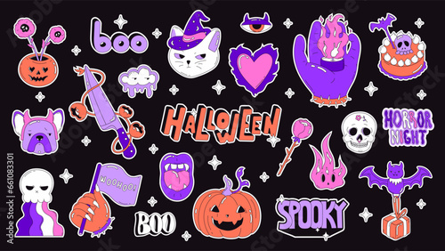 Set of Halloween stickers with a pumpkin, bat, skeleton, cake, cat, handmade lettering and more. Vector illustration in cartoon style.
