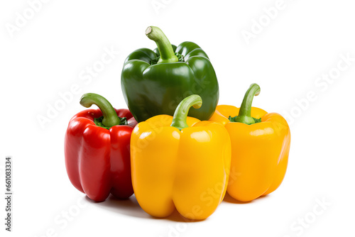 Green, Yellow, and orange bell peppers isolated on a transparent background, Generative AI