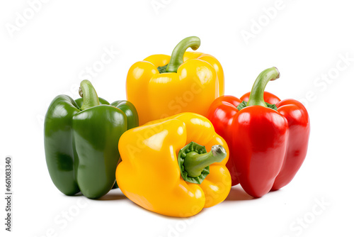 Green, Yellow, and orange bell peppers isolated on a transparent background, Generative AI