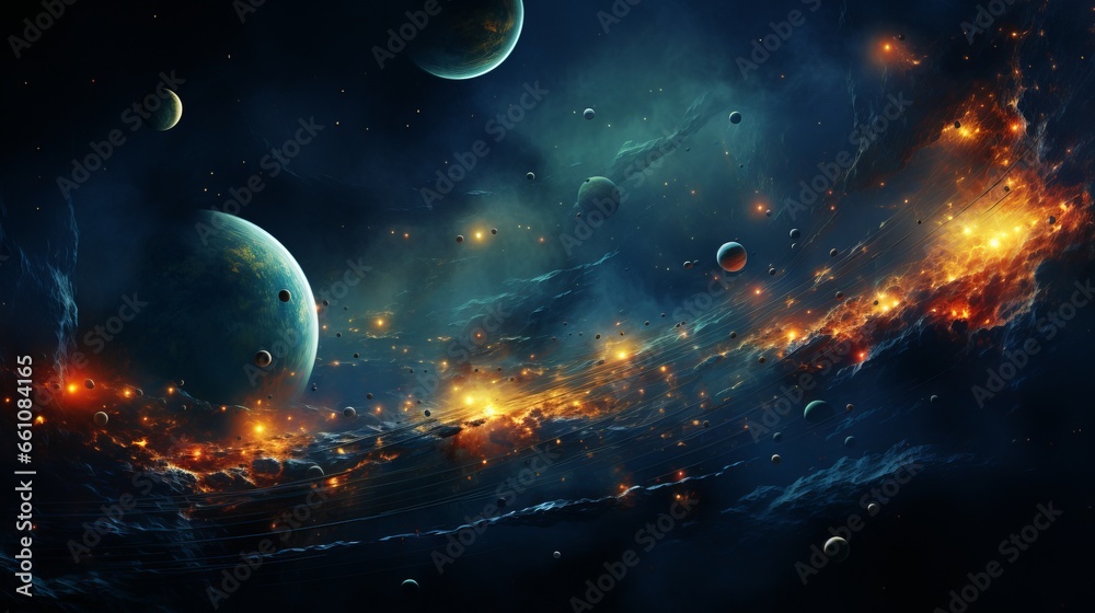 Landscape with planets and a cluster of stars. Footprints in space from the constellations, illustrative image, banner with space for text.
