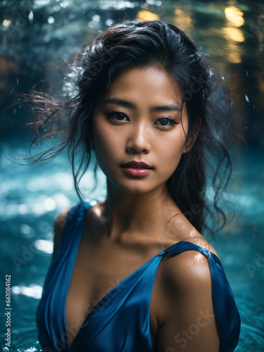 An Asian girl in a blue dress in the water