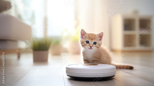 Little fluffy kitten next to a round automatic robot vacuum cleaner. Cozy house  modern home cleaning technique. 