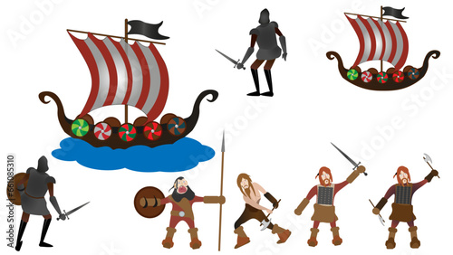 Vikings set. Weapons, boats,characters, people.