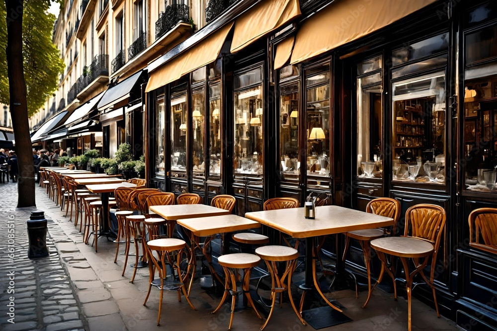 Charming parisian sidewalk cafe,outdoor tables, Paris, France.