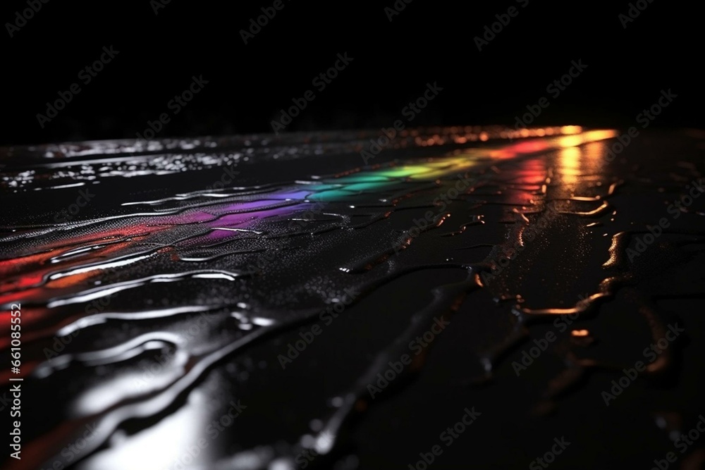 3D-rendered wet asphalt with neon light reflections and smoke on black background. Generative AI
