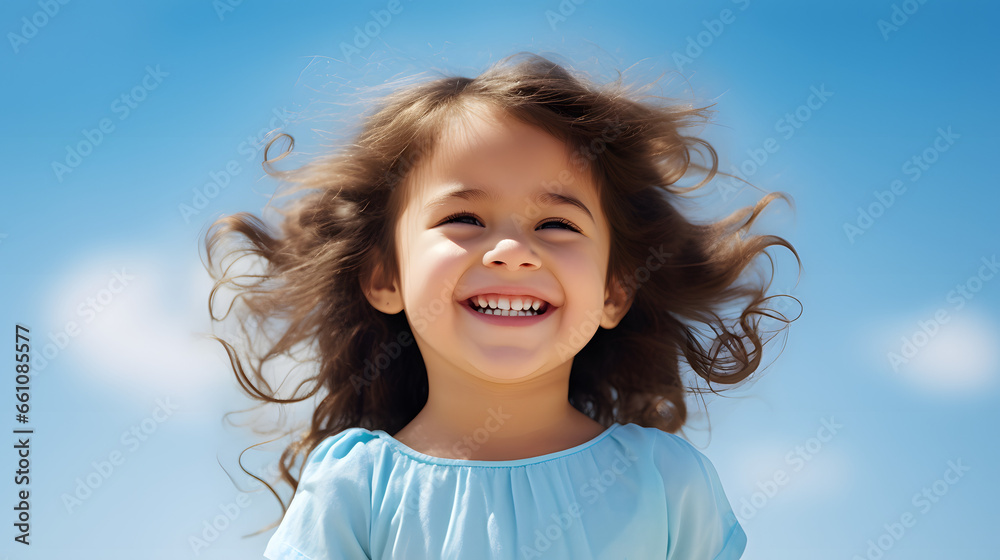 Cute child smiling happily on sky background, Generative Ai Cute child smiling happily on sky background, Generative Ai