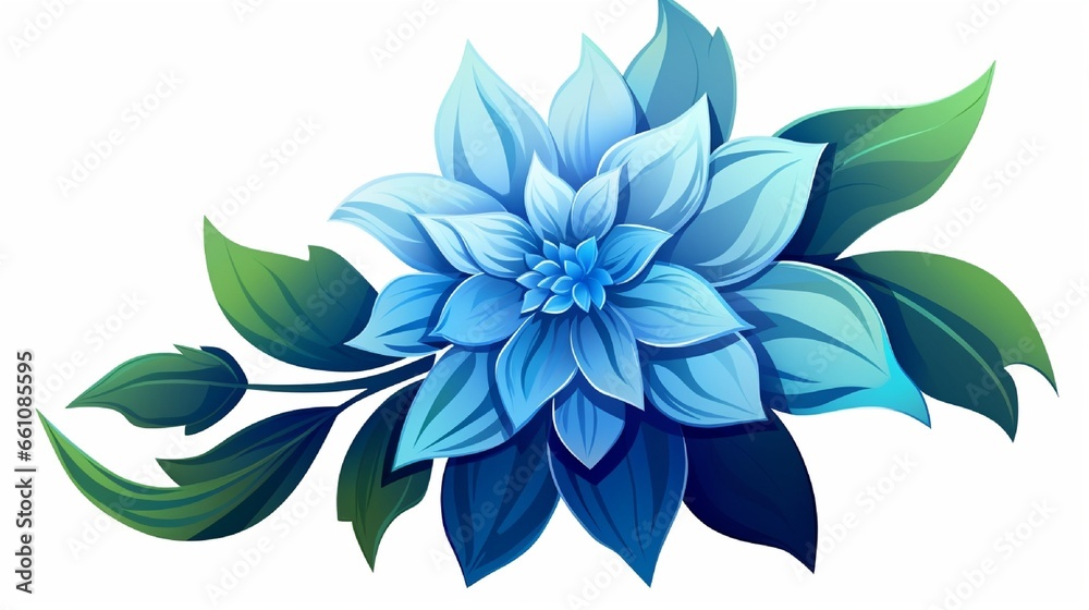 creative illustration of blue flower with green leaves isolated on white background
