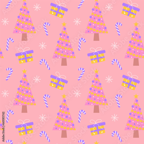 Cute pink christmas tree, candy cane, gift and snowflake seamless pattern. Glamour pastel christmas print