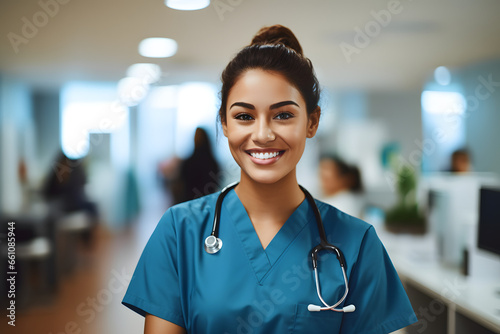 Nurse smiling happily in hospital, Generative Ai