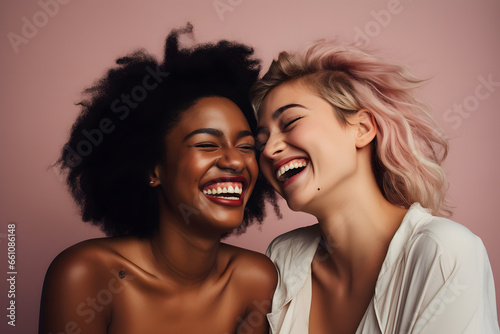 Two women smiling happily on a pink background, Generative Ai