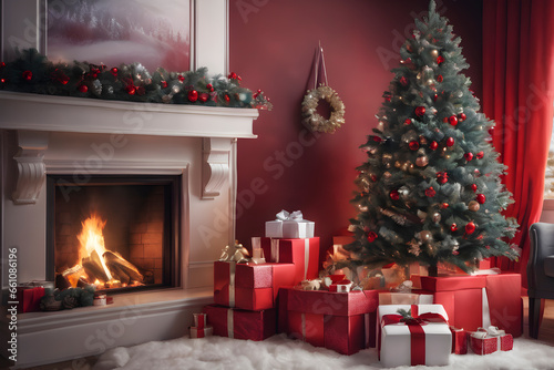 The interior of living room with fireplace decorated Christmas tree   Background design for cards
