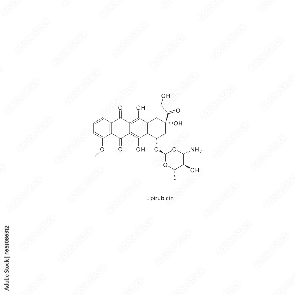 Epirubicin  flat skeletal molecular structure Anthracycline drug used in Ovarian cancer, breast cancer treatment. Vector illustration.