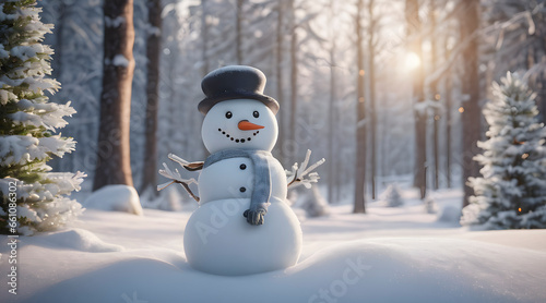 snowman in winter christmas scene with snow pine trees and warm light © Kawaii