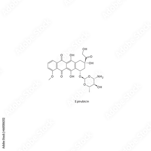 Epirubicin  flat skeletal molecular structure Anthracycline drug used in Ovarian cancer, breast cancer treatment. Vector illustration.