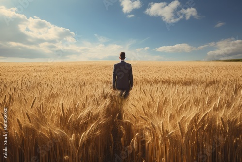 Rear view of businessman alone in suit looking at wheat field at sunset, business concept, enterprise concept, introspective image