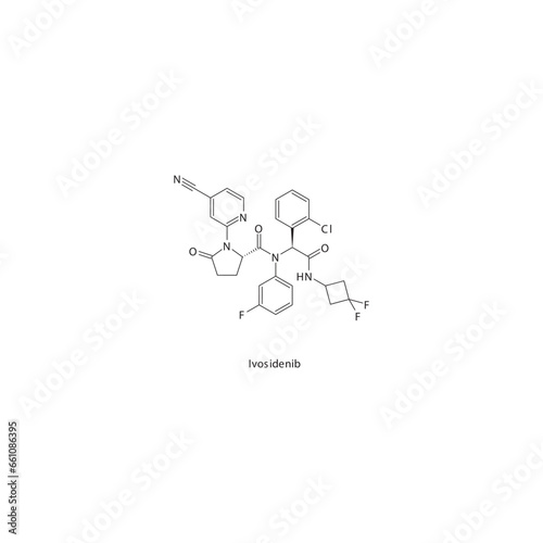 Ivosidenib flat skeletal molecular structure Tyrosine kinase inhibitor (TKI) drug used in Acute myeloid leukemia treatment. Vector illustration.