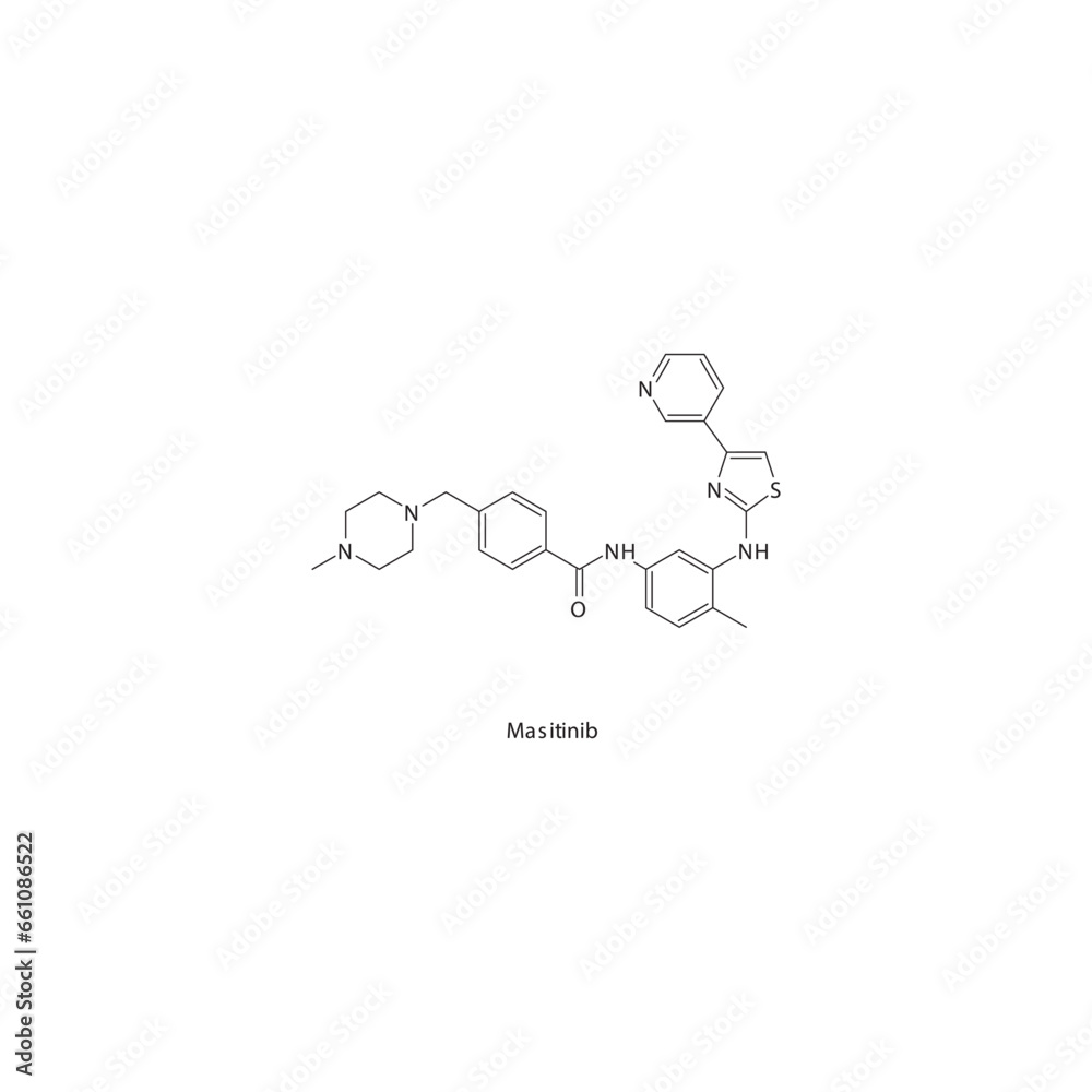 Masitinib flat skeletal molecular structure Tyrosine kinase inhibitor (TKI) drug used in Mast cell tumors in dogs treatment. Vector illustration. Masitinib flat skeletal molecular structure Tyrosine kinase inhibitor (TKI) drug used in Mast cell tumors in dogs treatment. Vector illustration.