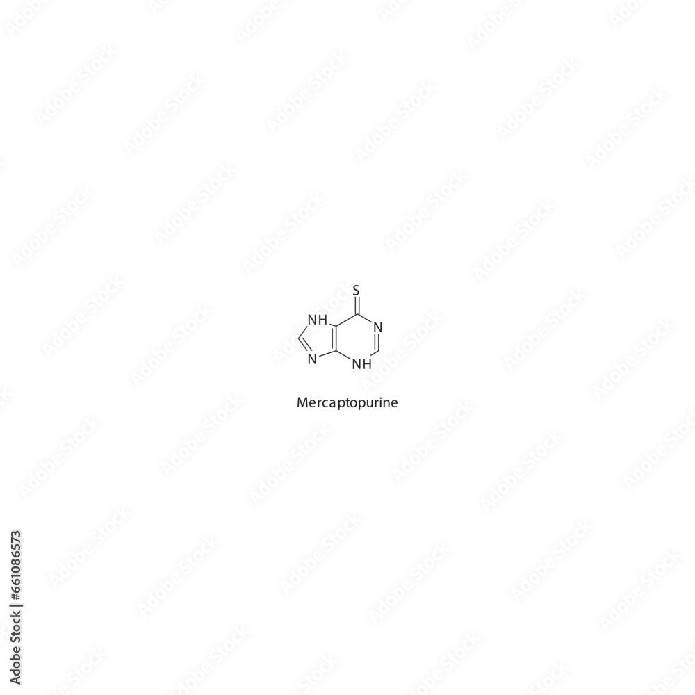 Mercaptopurine (6MP) flat skeletal molecular structure Purine analog drug used in Crohn's disease, leukemia treatment. Vector illustration. Mercaptopurine (6MP) flat skeletal molecular structure Purine analog drug used in Crohn's disease, leukemia treatment. Vector illustration.