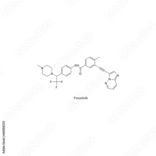 Ponatinib flat skeletal molecular structure Tyrosine kinase inhibitor (TKI) drug used in Chronic myelogenous leukemia treatment. Vector illustration.