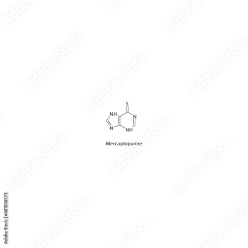 Mercaptopurine (6MP) flat skeletal molecular structure Purine analog drug used in Crohn's disease, leukemia treatment. Vector illustration.