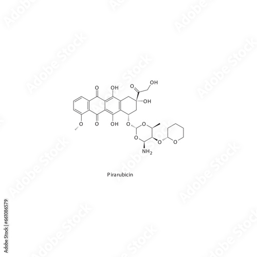 Pirarubicin  flat skeletal molecular structure Anthracycline drug used in Bladder cancer treatment. Vector illustration.