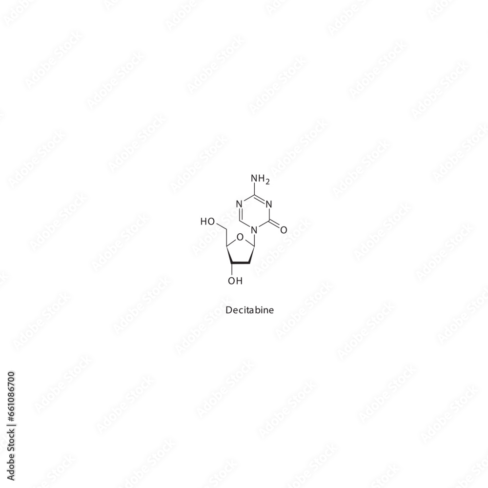 Decitabine flat skeletal molecular structure Pyrimidine analog drug used in Myelodysplastic syndrome, myeloid leukemia treatment. Vector illustration. Decitabine flat skeletal molecular structure Pyrimidine analog drug used in Myelodysplastic syndrome, myeloid leukemia treatment. Vector illustration.