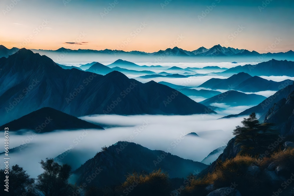  A mountain range with layers of mist, mysterious, foggy