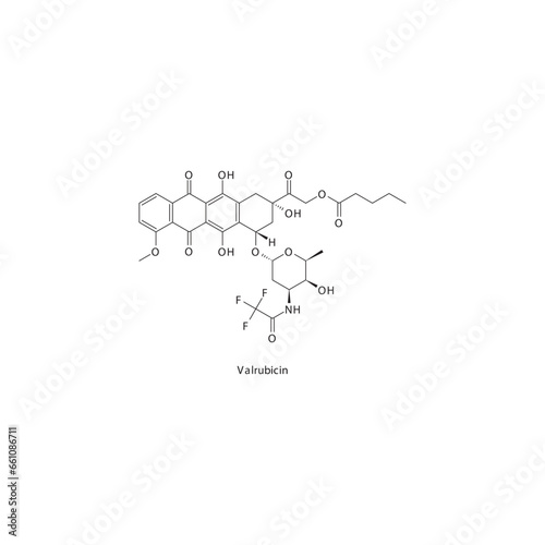 Valrubicin flat skeletal molecular structure Anthracycline drug used in Bladder cancer treatment. Vector illustration.