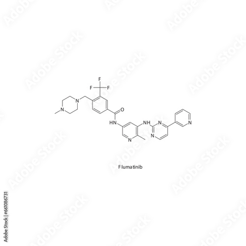 Flumatinib flat skeletal molecular structure Tyrosine kinase inhibitor (TKI) drug used in Chronic myelogenous leukemia treatment. Vector illustration.