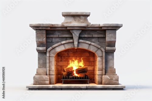 A stone furnace with fire from woods burning, isolated on a white background