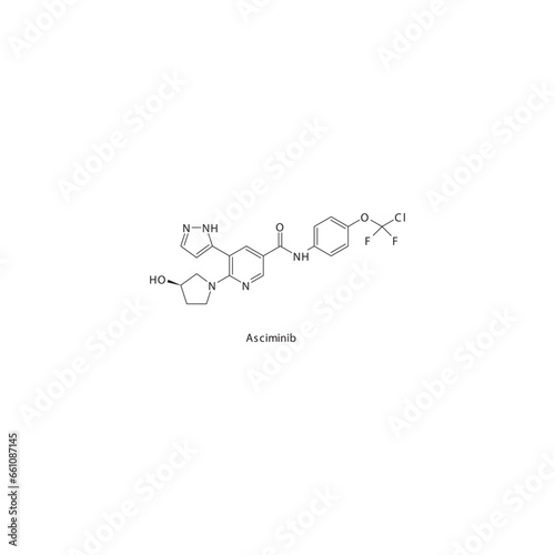 Asciminib flat skeletal molecular structure Tyrosine kinase inhibitor (TKI) drug used in Chronic myelogenous leukemia treatment. Vector illustration.