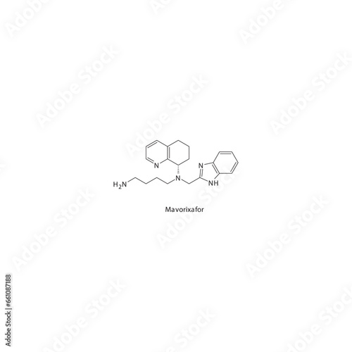 Mavorixafor flat skeletal molecular structure CXCR4 antagonist drug used in neutropenia treatment. Vector illustration.