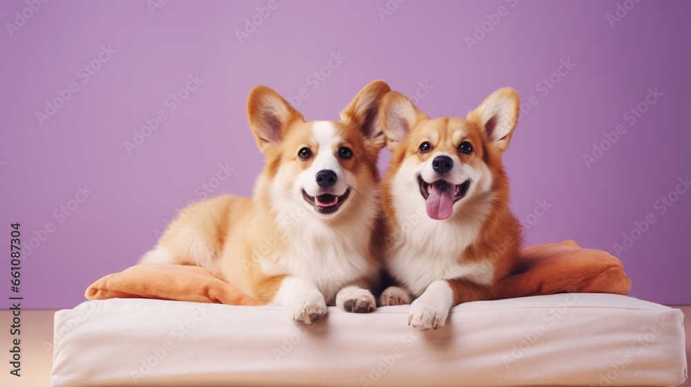 Fototapeta premium Cute corgi dogs with pet bed on color background