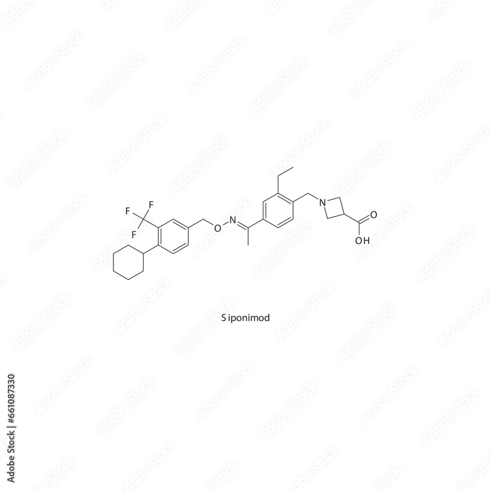 Siponimod flat skeletal molecular structure Sphingosine-1-phosphate receptor modulator drug used in Multiple sclerosis treatment. Vector illustration. Siponimod flat skeletal molecular structure Sphingosine-1-phosphate receptor modulator drug used in Multiple sclerosis treatment. Vector illustration.