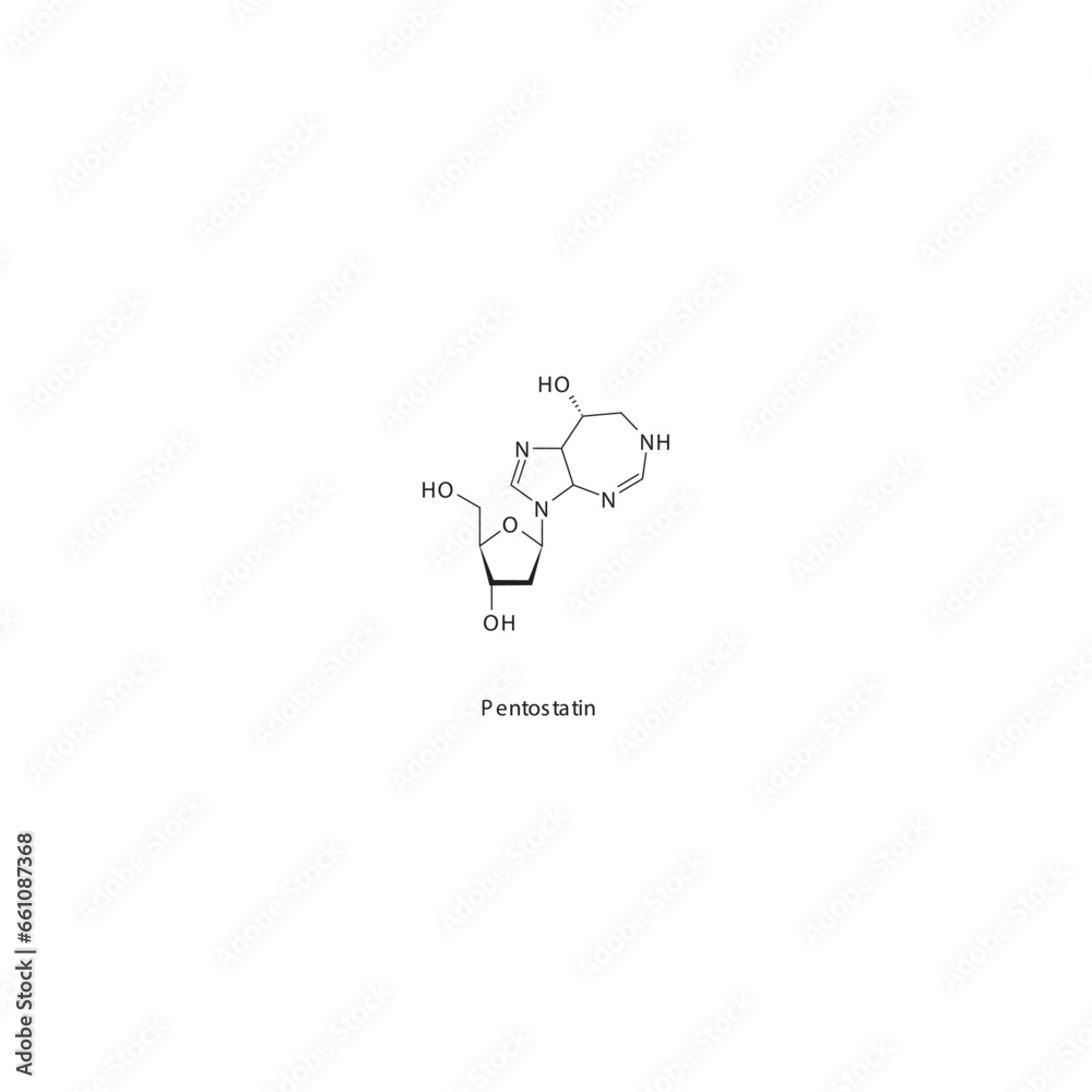 Pentostatin  flat skeletal molecular structure Purine analog drug used in Hairy cell leukemia treatment. Vector illustration.